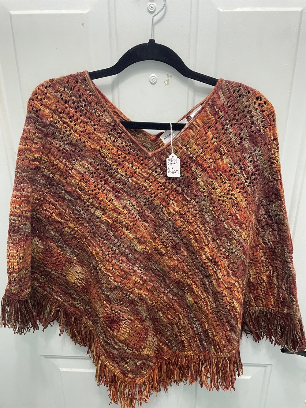 Alfred Dunner Multicolor V-Neck Fringe Knit Poncho in Rust, Brown & Cream
